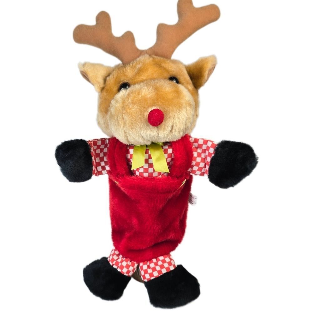 Vintage 1990s Bradford Novelty Reindeer 17" Plush Christmas Hand Puppet Red Nose